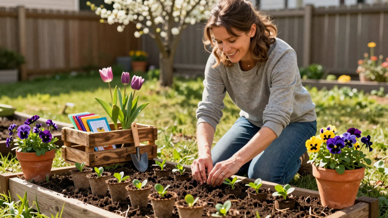 Mulher sorridente plantando mudas em jardim elevado com vasos de flores coloridas ao redor.