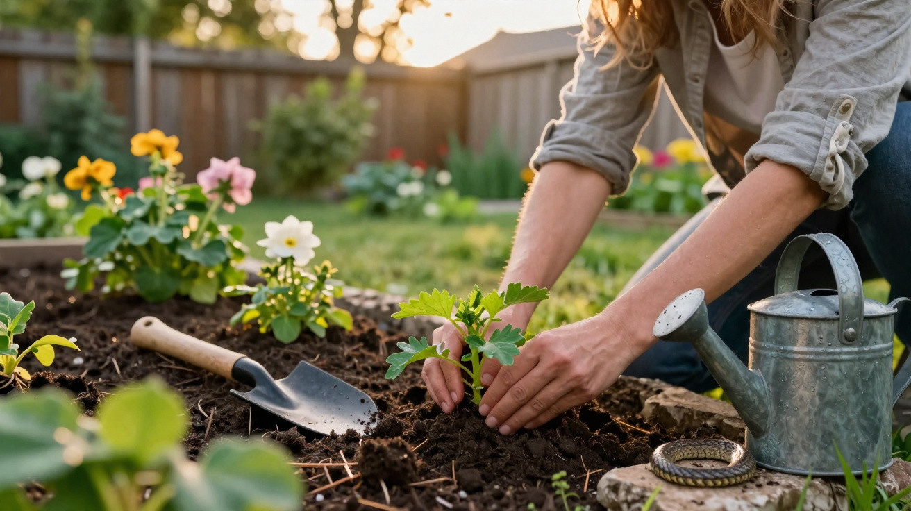 Pessoa plantando muda em jardim com regador e pá ao lado em dia ensolarado.