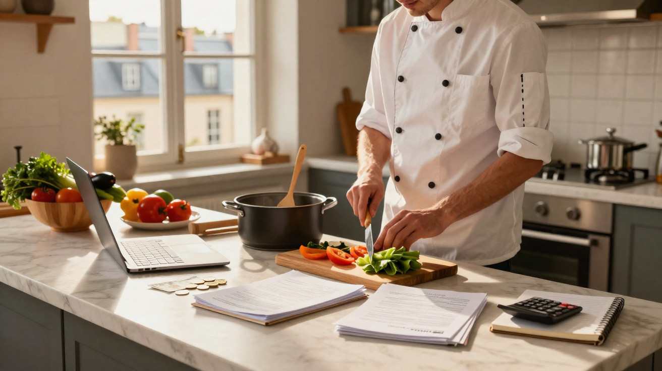 Chef cortando legumes na bancada da cozinha com laptop e documentos ao redor.