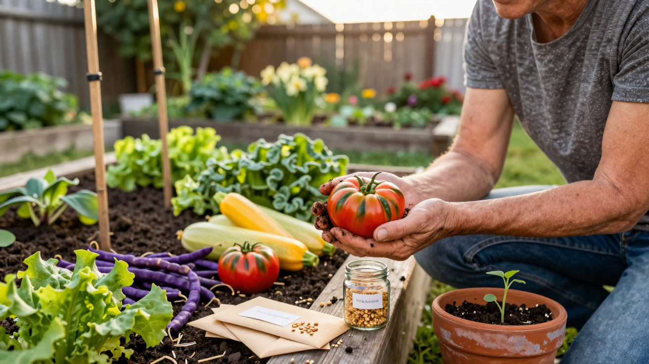 Pessoa colhendo tomate em horta caseira com legumes, envelopes de sementes e vaso com muda.