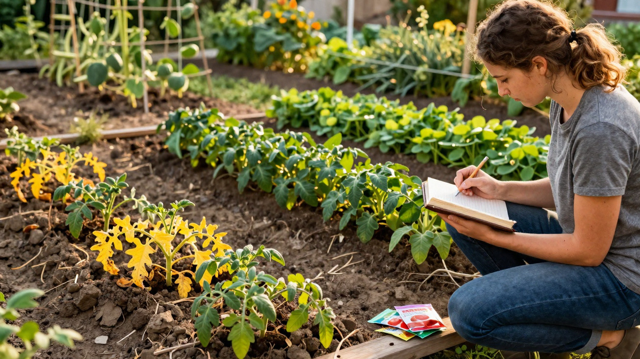 Mulher anotando em caderno enquanto observa plantas em uma horta com vegetação saudável ao redor.