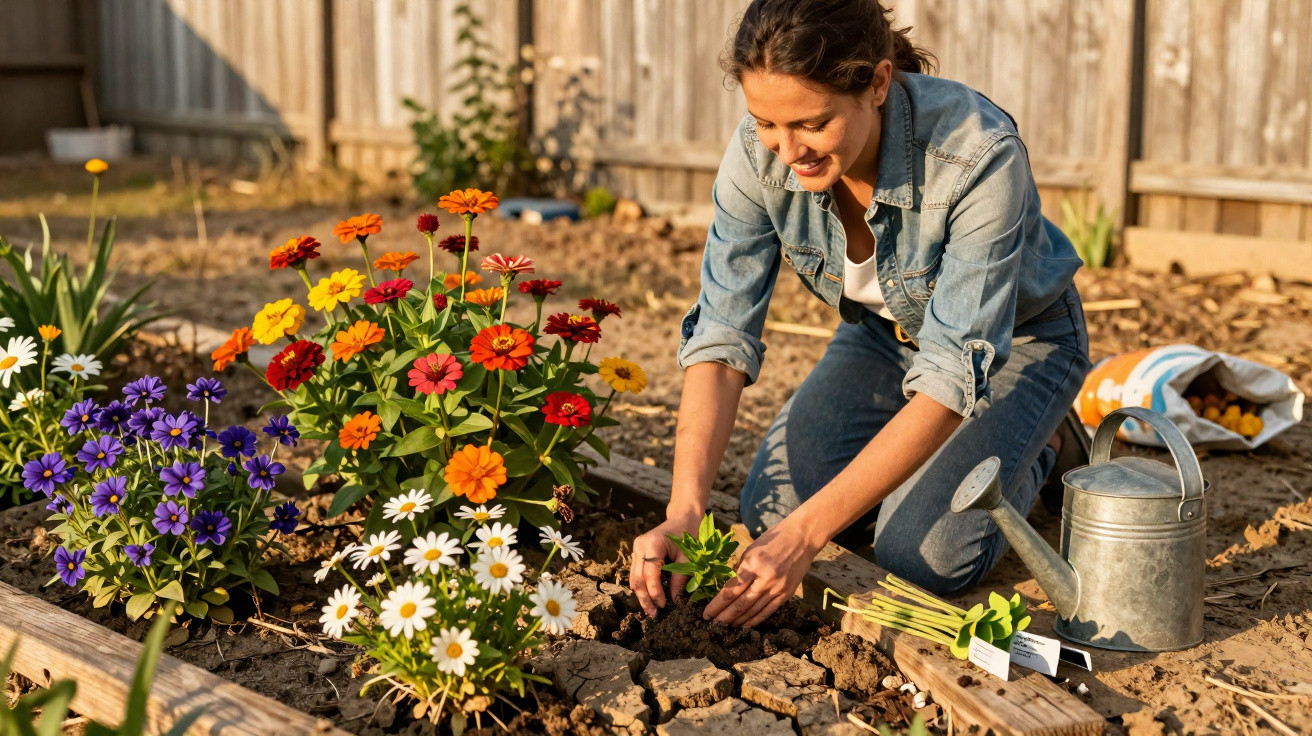 Mulher sorridente plantando mudas em jardim com flores coloridas e regador de metal.