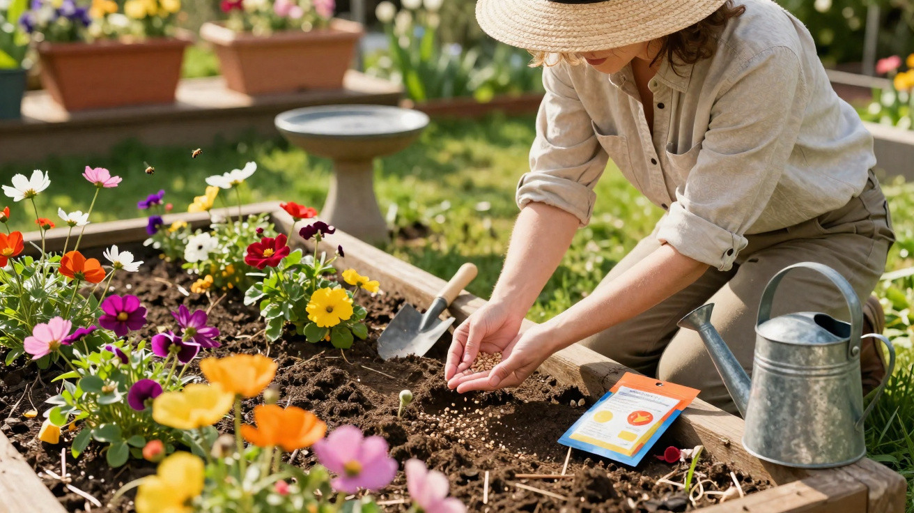 Mulher plantando sementes em canteiro com flores coloridas em jardim ensolarado.