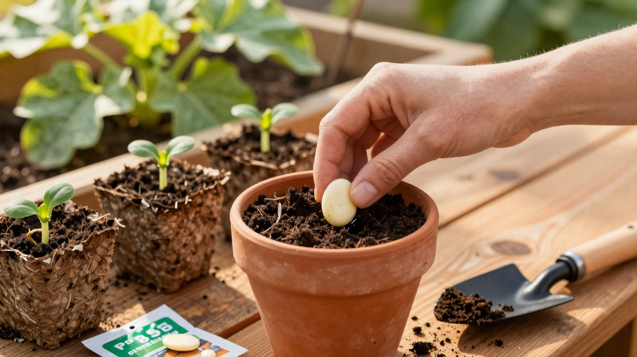 Mão plantando semente em vaso de barro com mudas e enxada em mesa de madeira ao fundo.