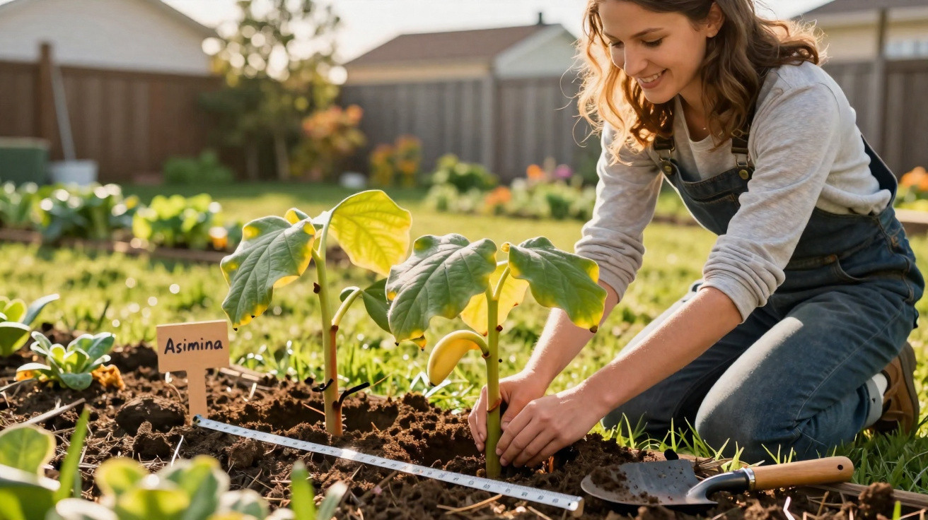 Mulher jardineira plantando muda de assimina em canteiro ensolarado de jardim caseiro.
