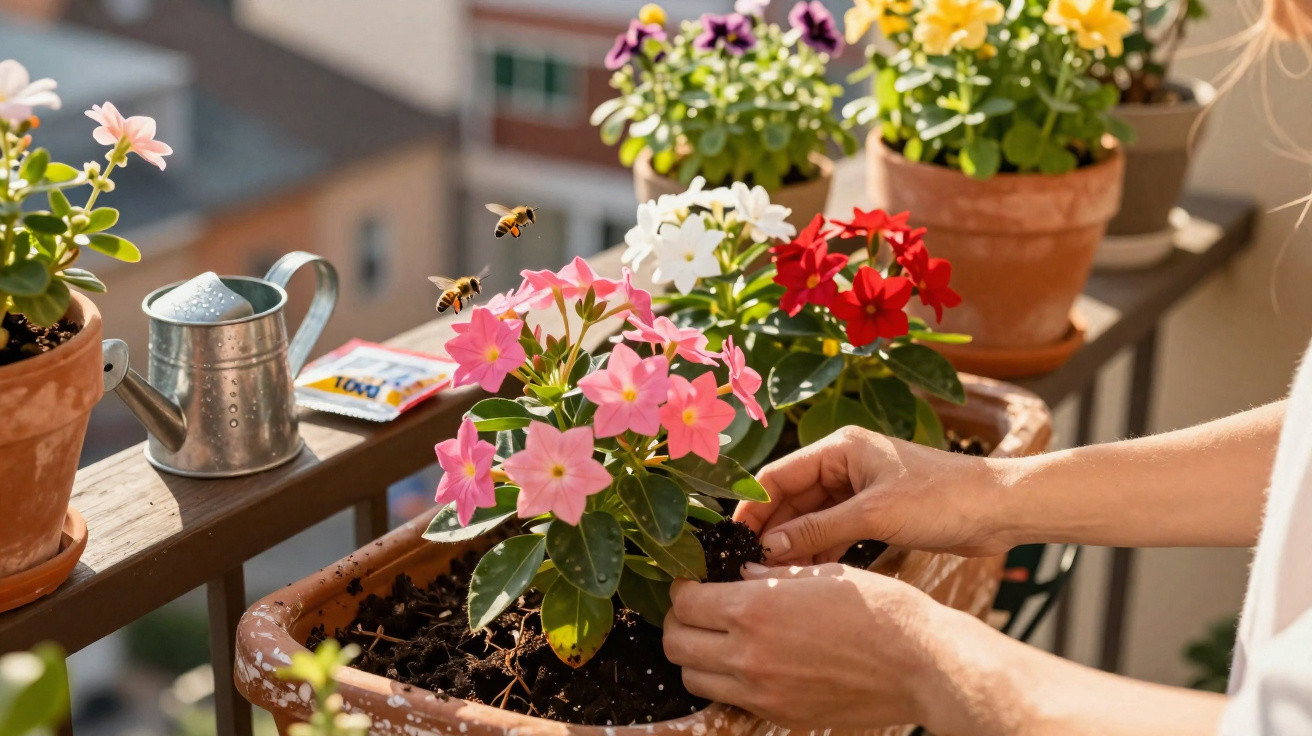 Mãos plantando flores coloridas em vasos na varanda, com abelhas voando ao redor.