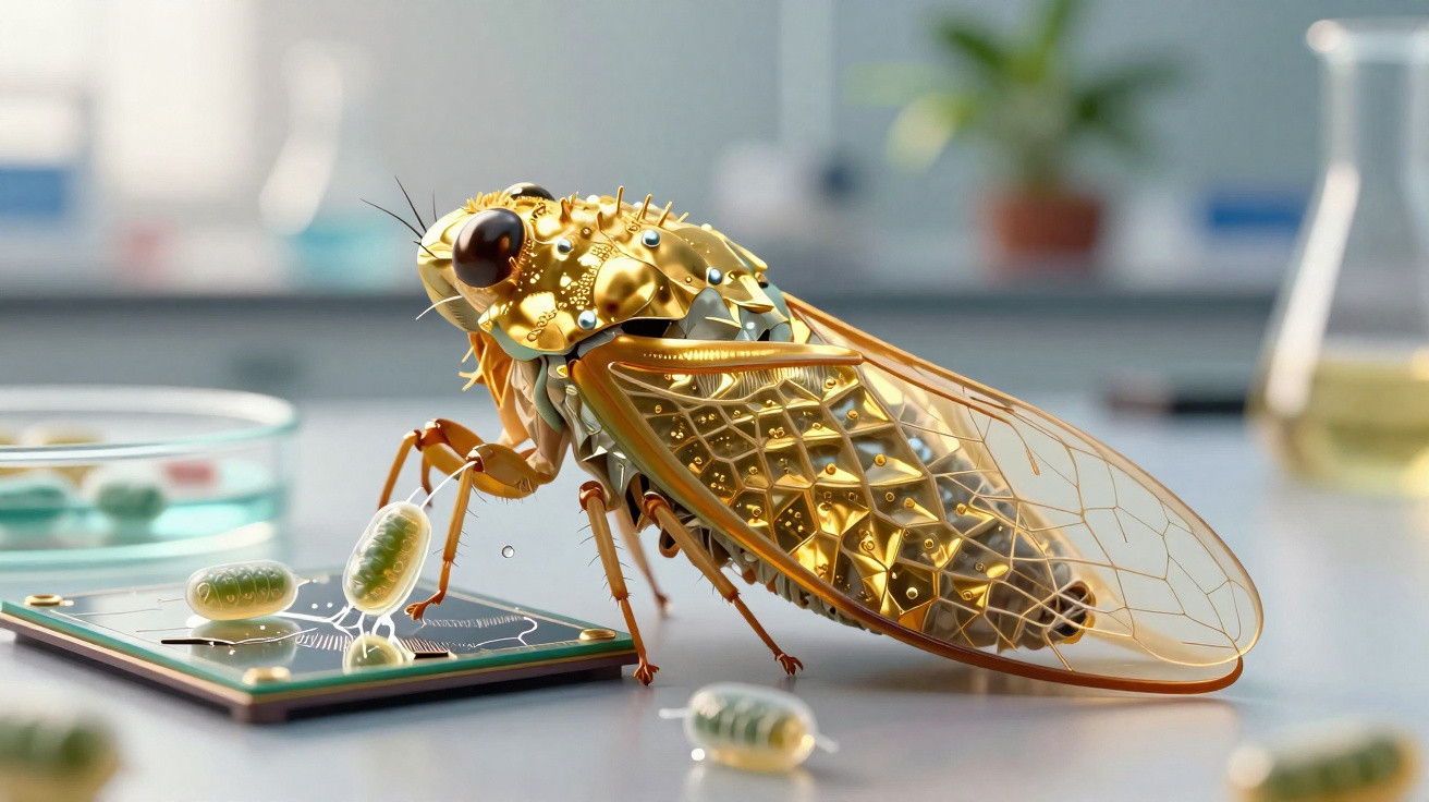 Imagem digital de cigarra dourada sobre mesa com pequenos objetos e fundo desfocado.