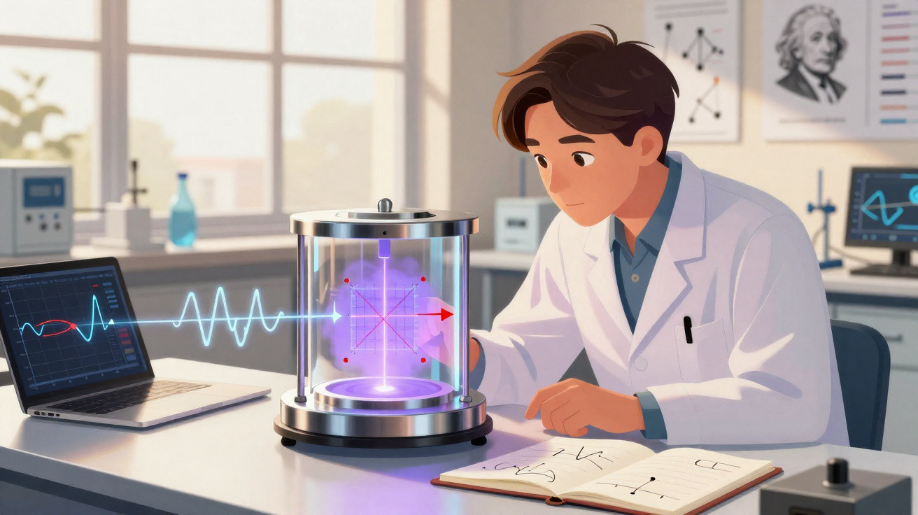 Cientista observa holograma de ondas e gráficos em laboratório com equipamentos modernos.