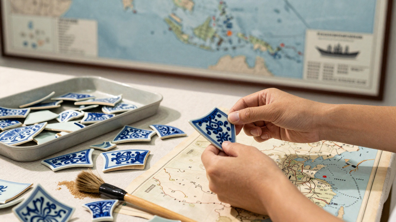 Mãos segurando pedaço de azulejo azul e branco sobre mesa com mapa e mais azulejos para montagem.