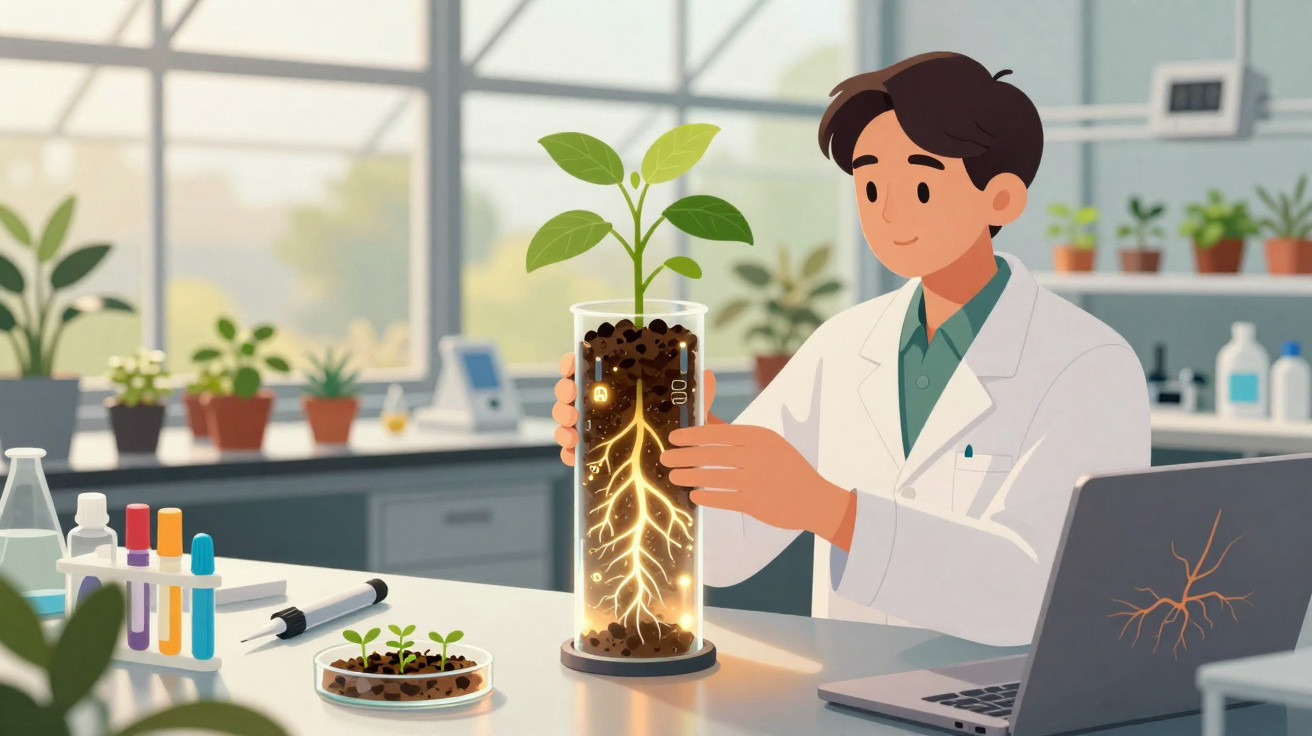 Cientista em laboratório analisando crescimento de planta com raízes iluminadas dentro de tubo de vidro.