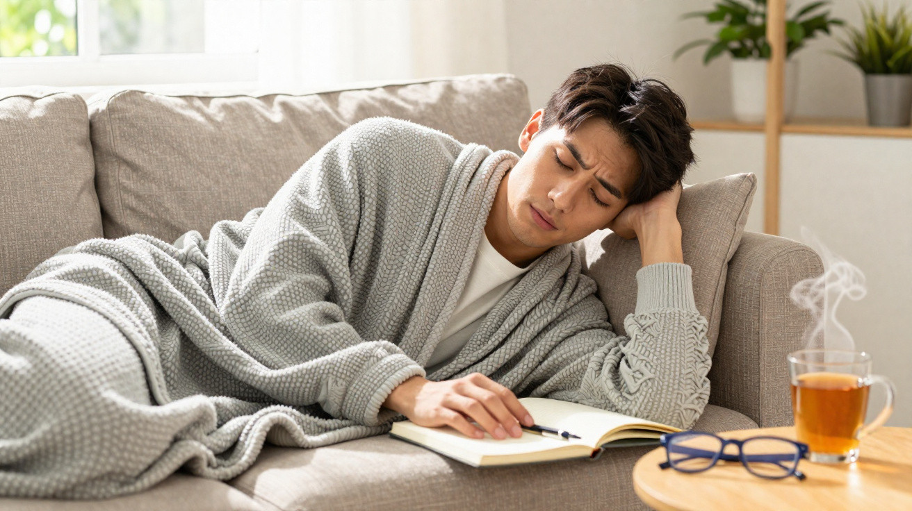 Homem de roupão cinza deitado no sofá lendo livro, com chá e óculos na mesa ao lado.