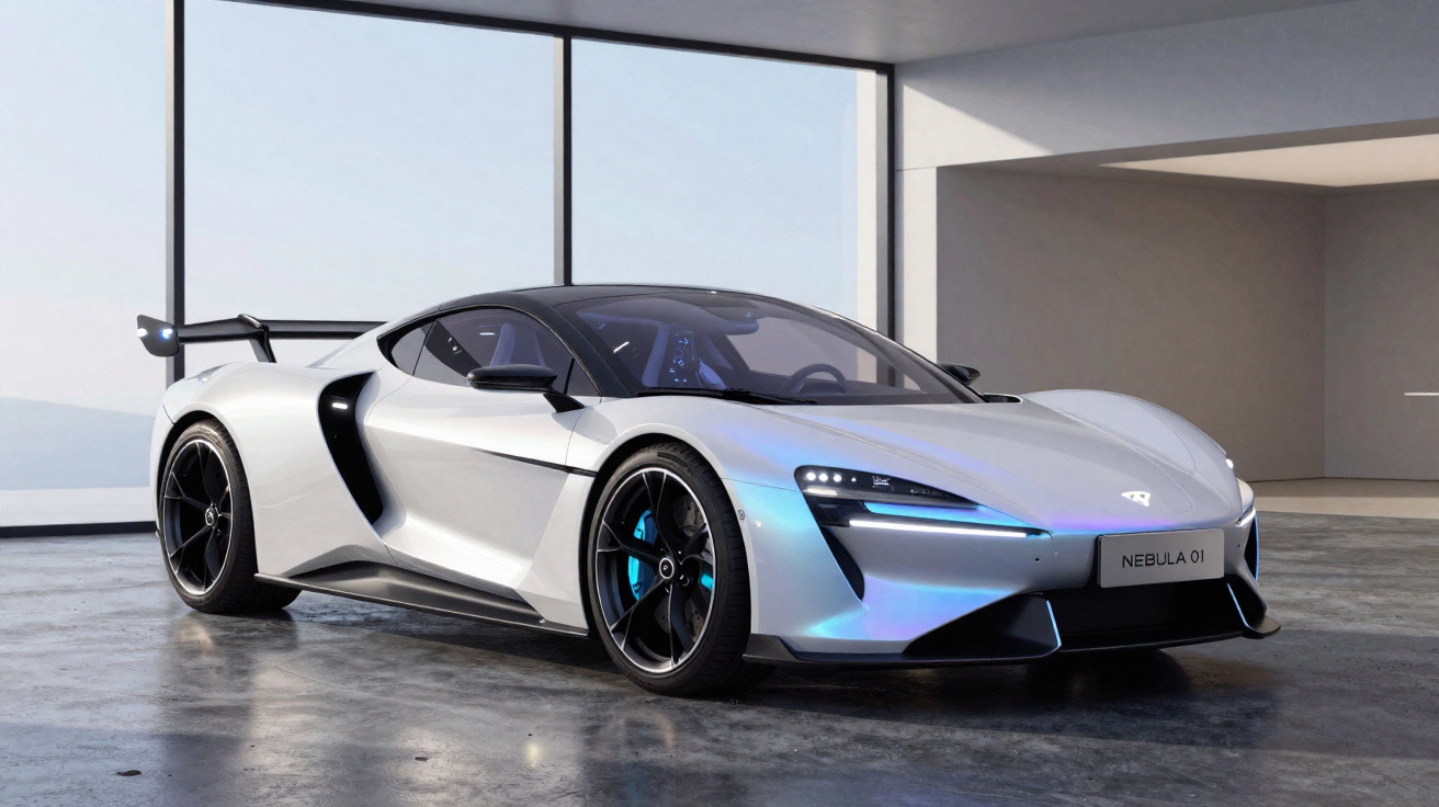 Carro esportivo elétrico prateado Nebula 01 em ambiente interno moderno com luz natural.