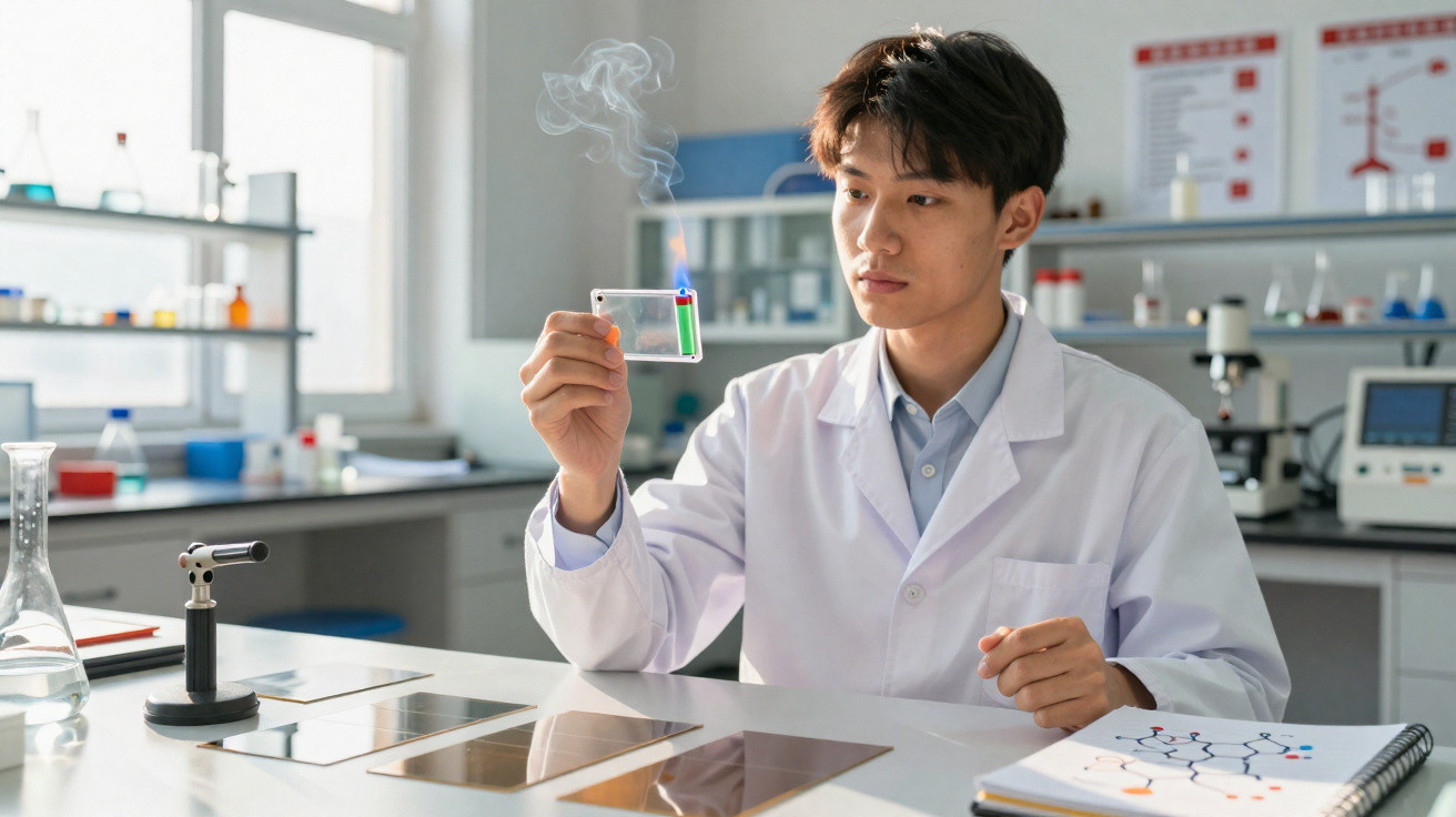 Jovem cientista em jaleco observa experimento com chama e fumaça em laboratório moderno.