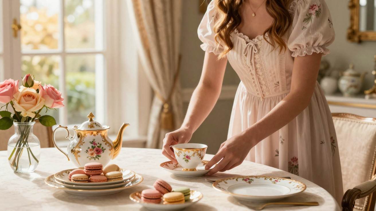 Mulher ajusta xícara de chá em mesa com bule, flores e macarons em porcelana floral delicada.