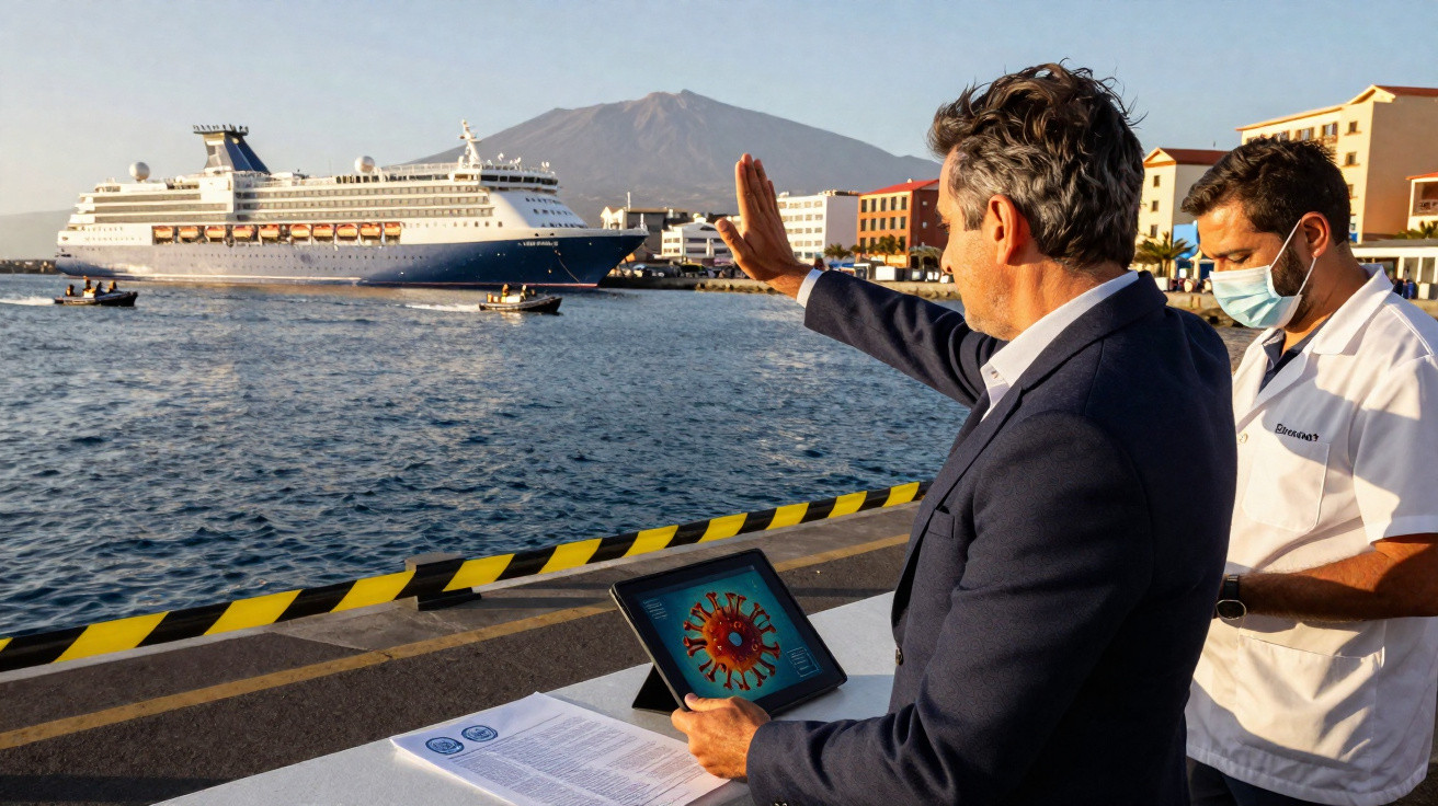 Homem acena para navio de cruzeiro próximo ao cais com tablet aberto mostranto imagem do coronavírus.