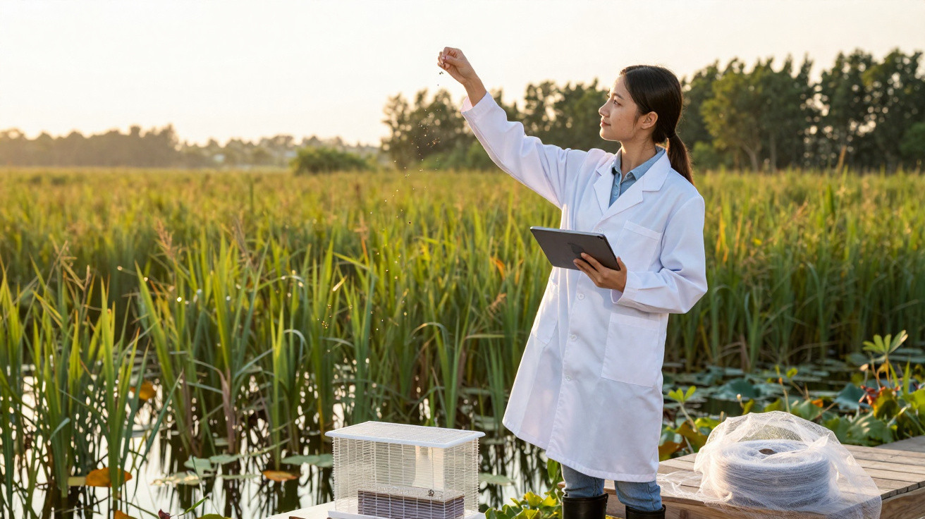 Mulher cientista em campo, segurando tablet e olhando para sementes em uma mão, ao lado de plantas aquáticas.
