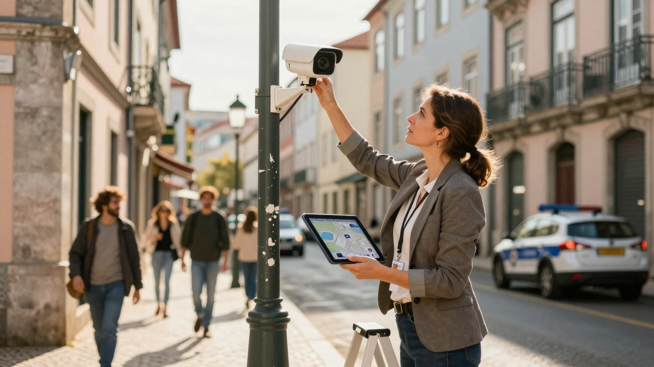Mulher ajusta câmera de segurança na rua enquanto segura tablet com mapa digital.