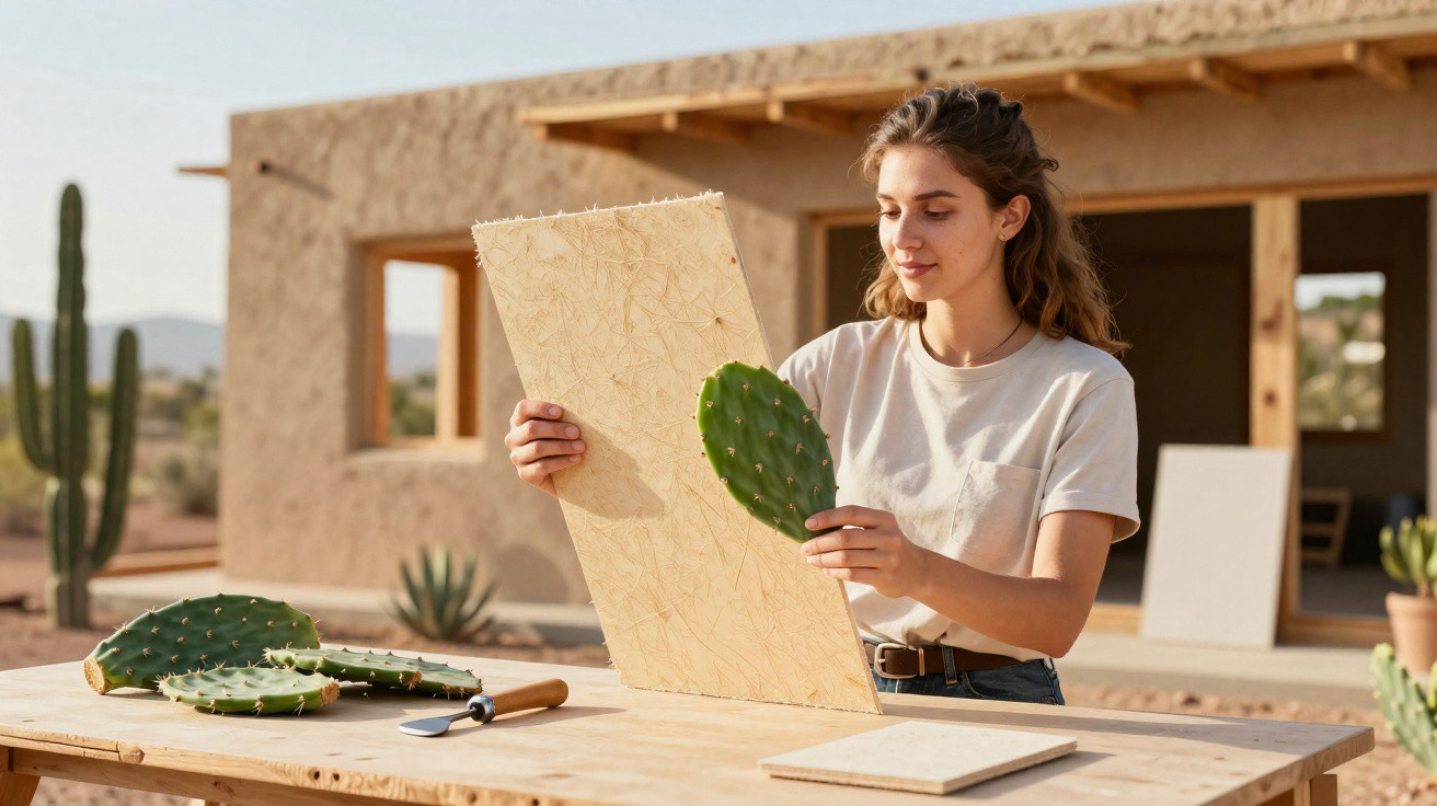 Mulher segurando folha de cacto e papel artesanal em mesa de madeira ao ar livre, casa de adobe ao fundo.