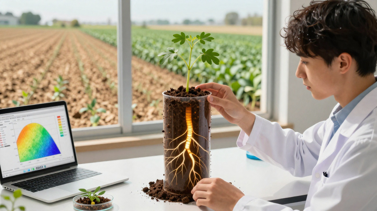 Cientista analisa planta jovem em vaso transparente com raízes visíveis, laptop com gráfico ao lado e lavoura ao fundo.