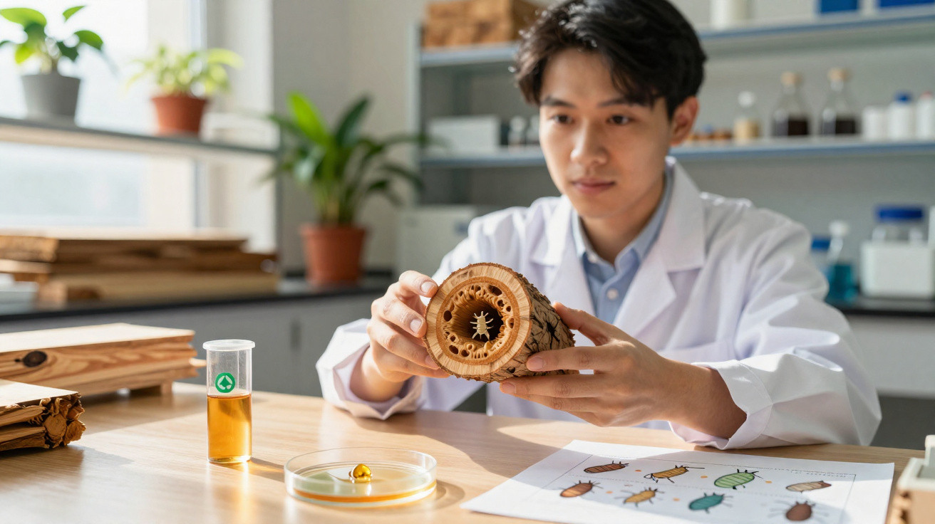 Homem em jaleco branco segurando pedaço de madeira com inseto, em laboratório com plantas ao fundo.