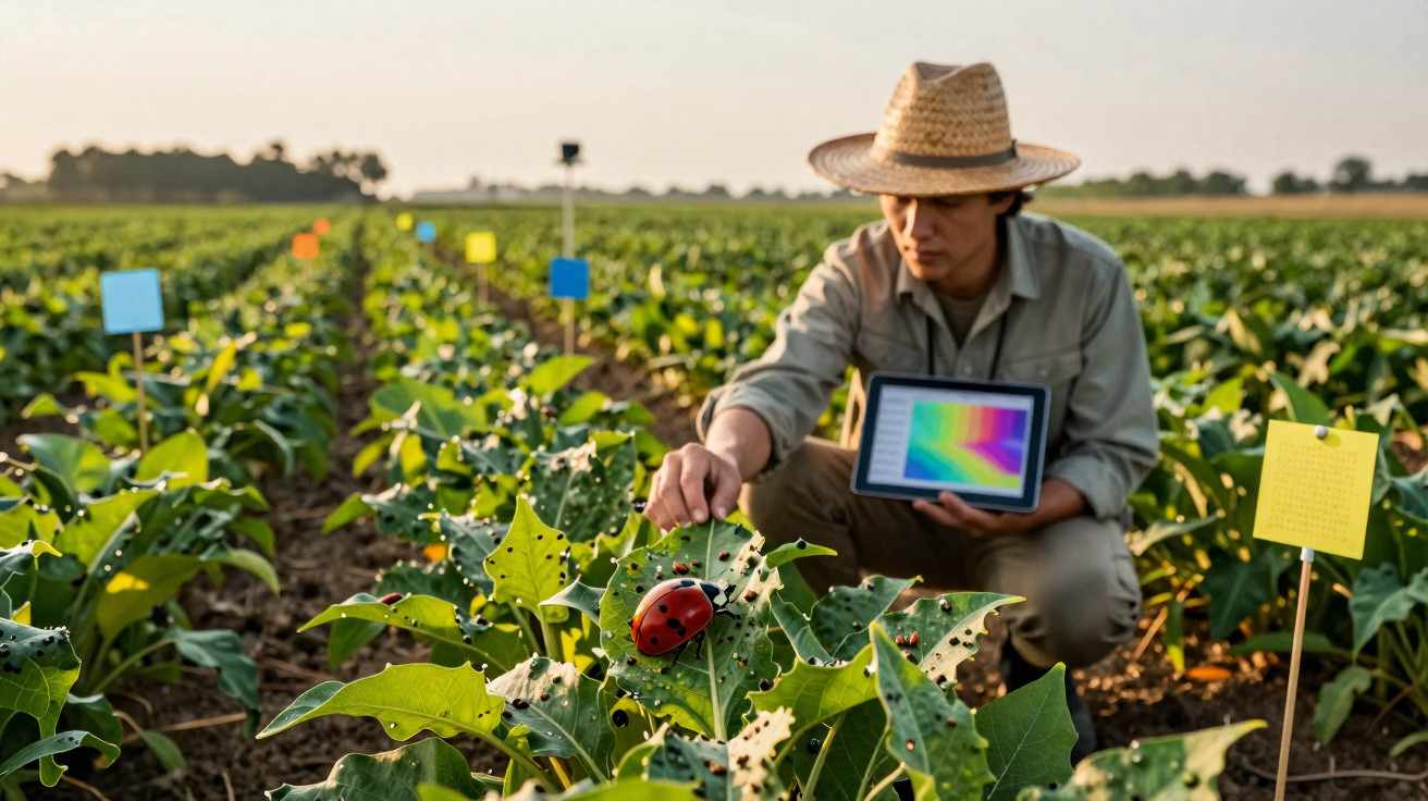 Agricultor com chapéu observa planta danificada por pragas em lavoura, segurando tablet com dados coloridos.