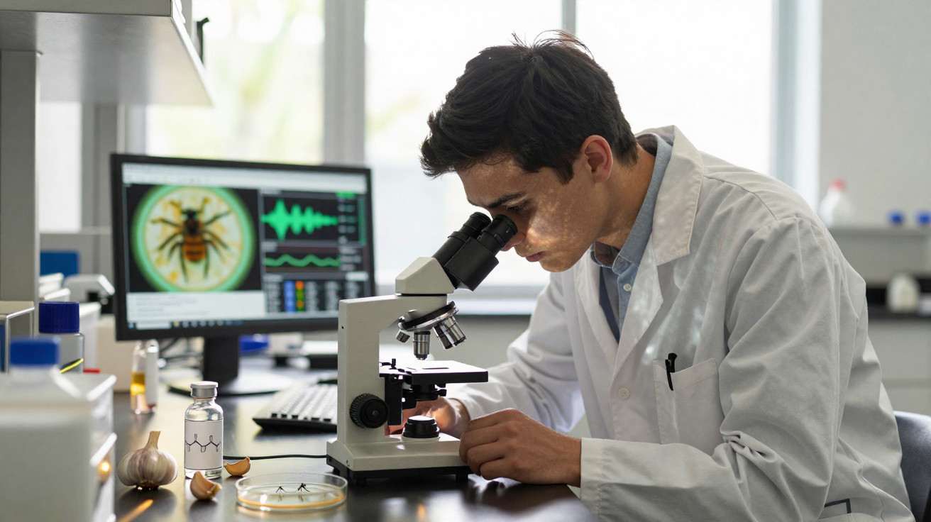 Jovem cientista usando jaleco branco analisando amostra no microscópio em laboratório com imagem de inseto no computador.