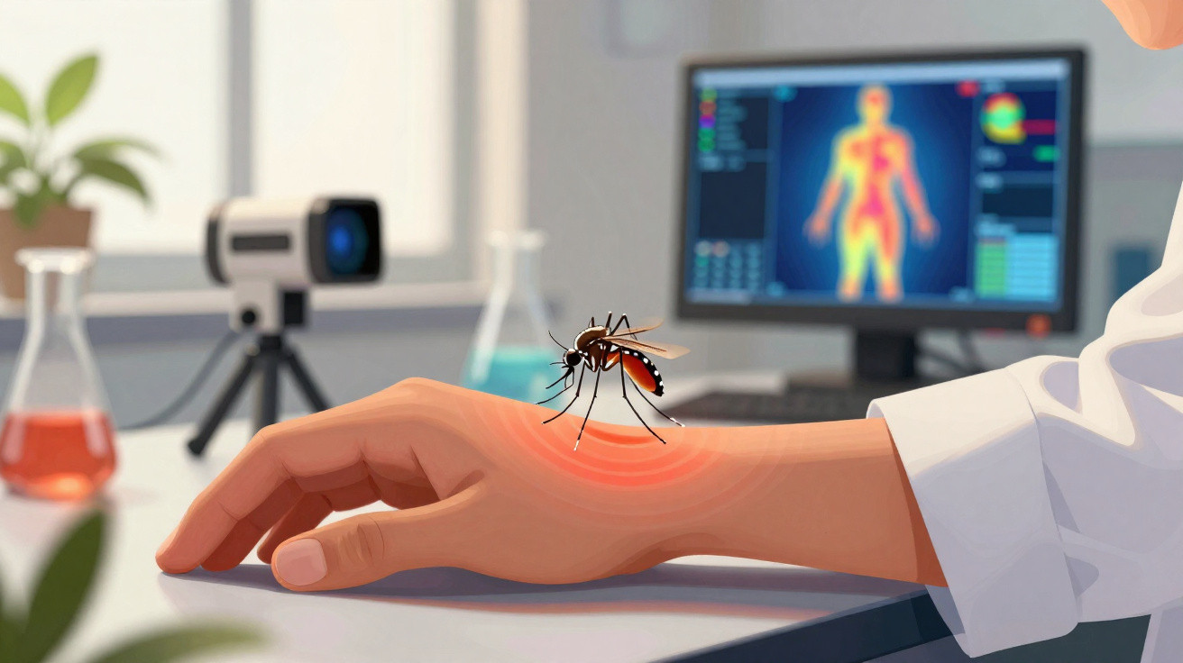 Mosquito pousado em braço humano com sinais vermelhos de irritação, em ambiente de laboratório.