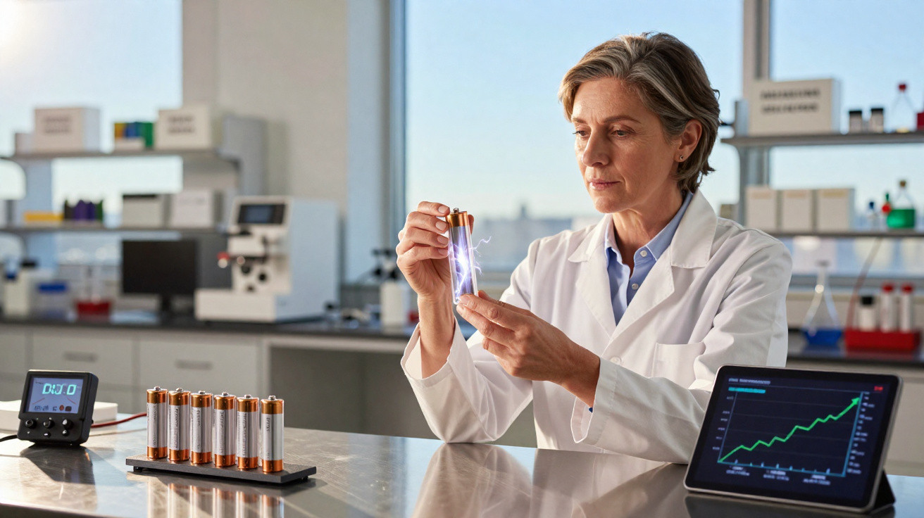 Cientista mulher em laboratório segurando pilha com descargas elétricas, ao lado de equipamentos e gráfico de desempenho.