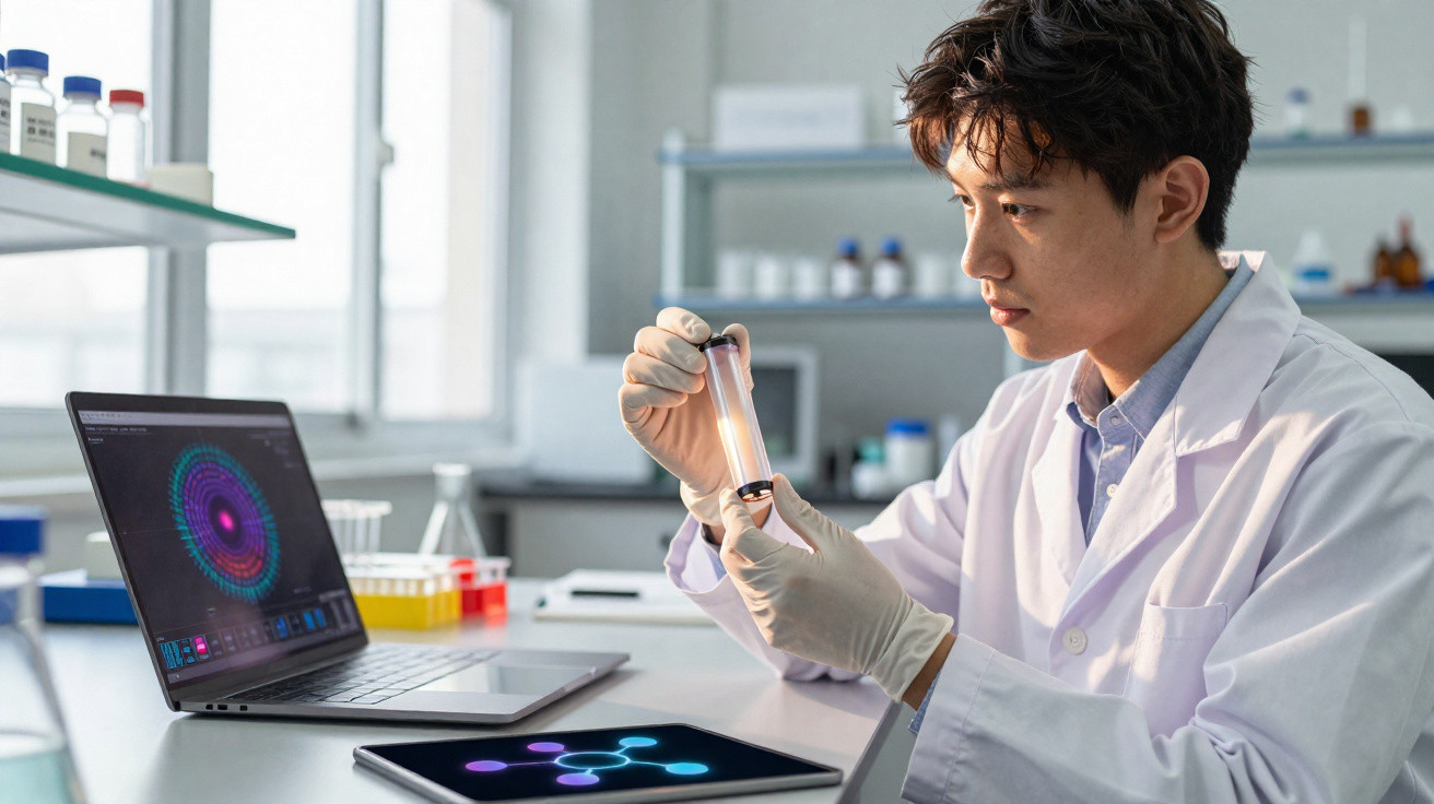 Cientista em laboratório analisa tubo de ensaio com dados moleculares no laptop e tablet ao lado.