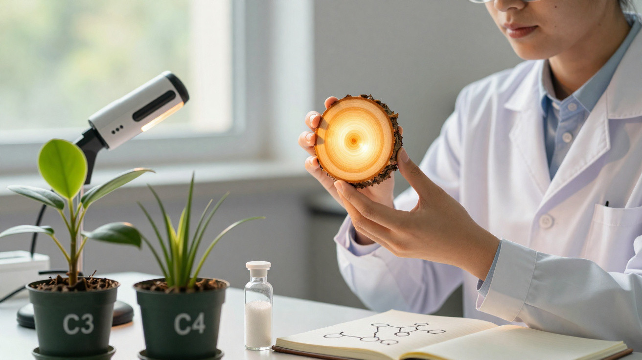 Cientista segurando uma amostra de madeira com anéis de crescimento ao lado de plantas em laboratório.