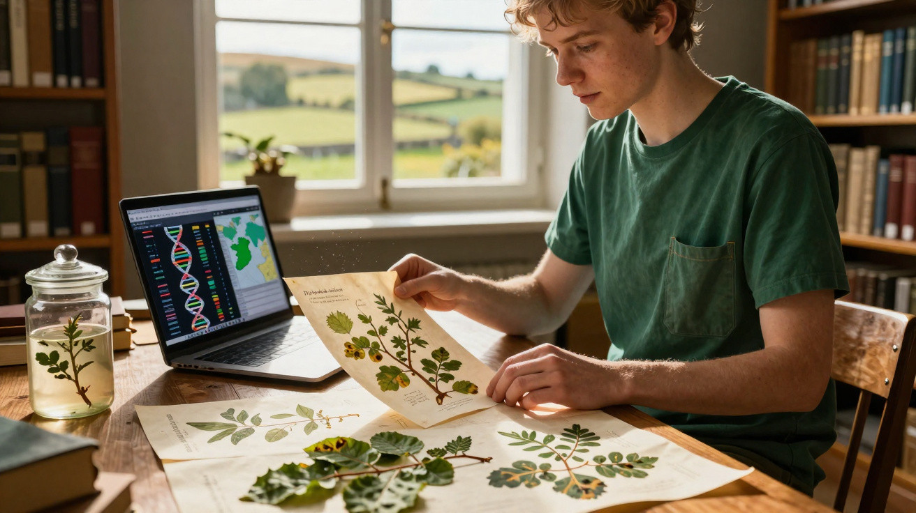 Jovem estudando plantas com folhas secas e ilustrações botânicas em mesa com computador e livros.