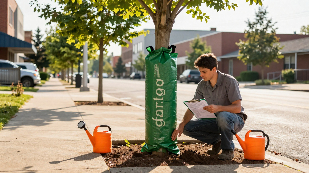 Jovem cuidando de árvore na calçada com regadores e saco verde de irrigação Dartgo ao redor do tronco.