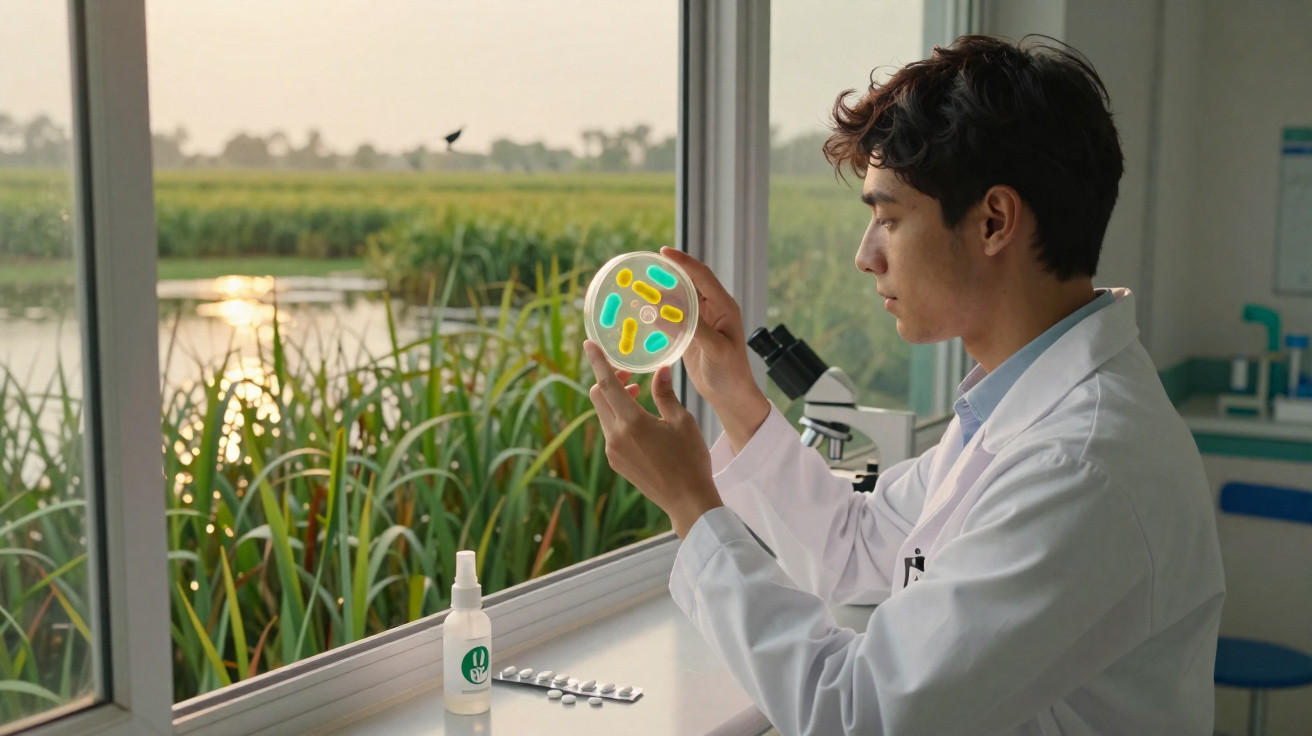 Cientista em laboratório observando placa de Petri com microrganismos coloridos perto de janela com vista para plantação.