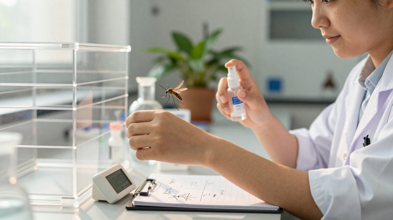 Cientista aplica repelente em mosquito preso na mão dentro de laboratório.