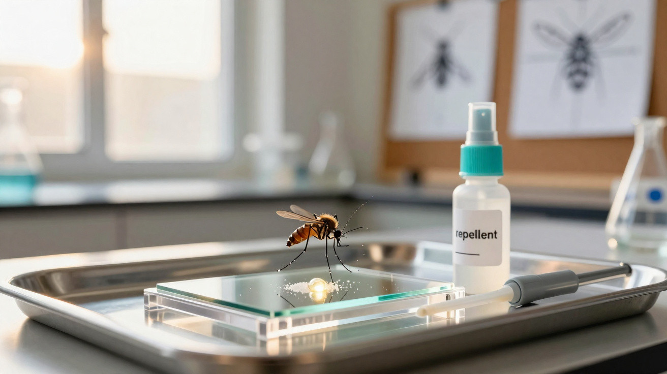 Mosquito sobre vidro em bandeja com frasco de repelente e seringa em ambiente de laboratório.