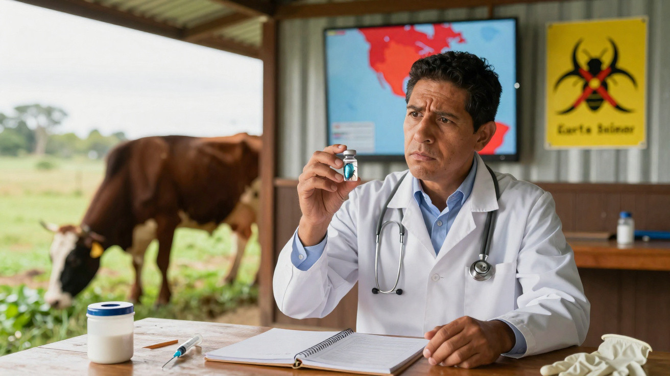 Veterinário segurando frasco de vacina com vaca ao fundo em ambiente rural.