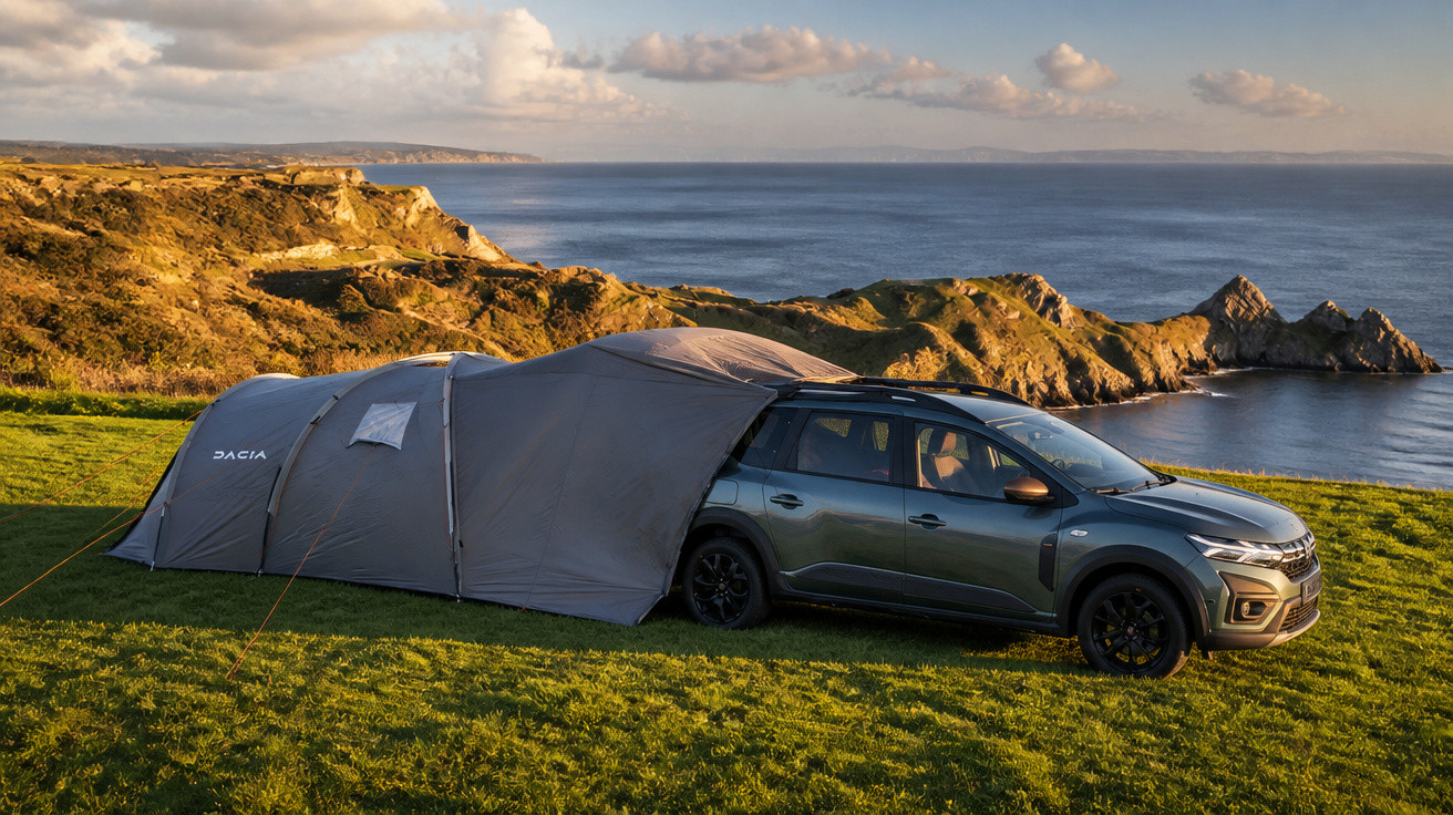 Carro estacionado com barraca anexada em península gramada com vista para o mar ao entardecer.