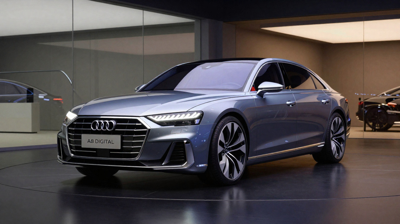 Carro Audi A8 Digital prata em exposição dentro de ambiente moderno com piso brilhante.