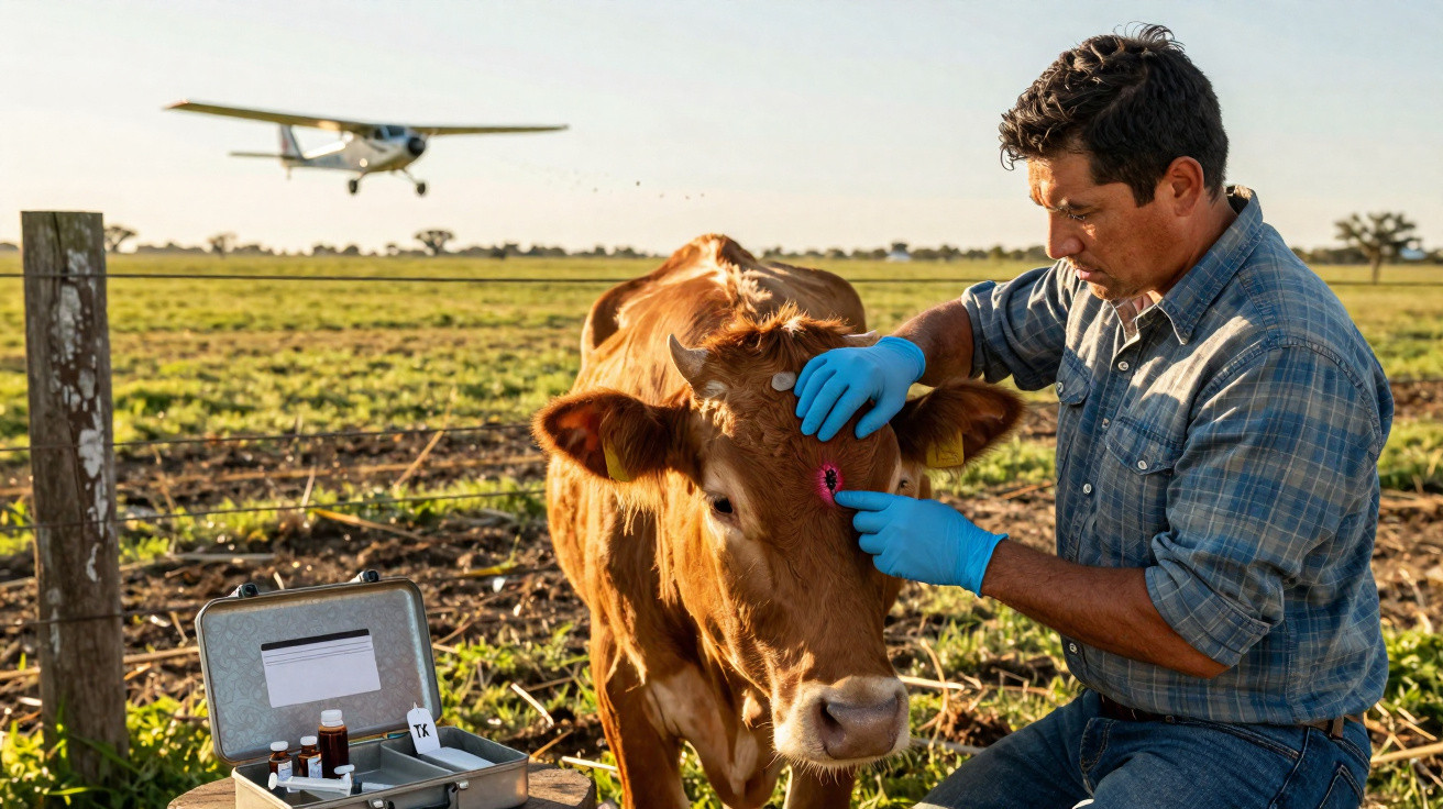 Veterinário examina vaca marrom em fazenda enquanto avião de pequeno porte sobrevoa campo ao fundo.