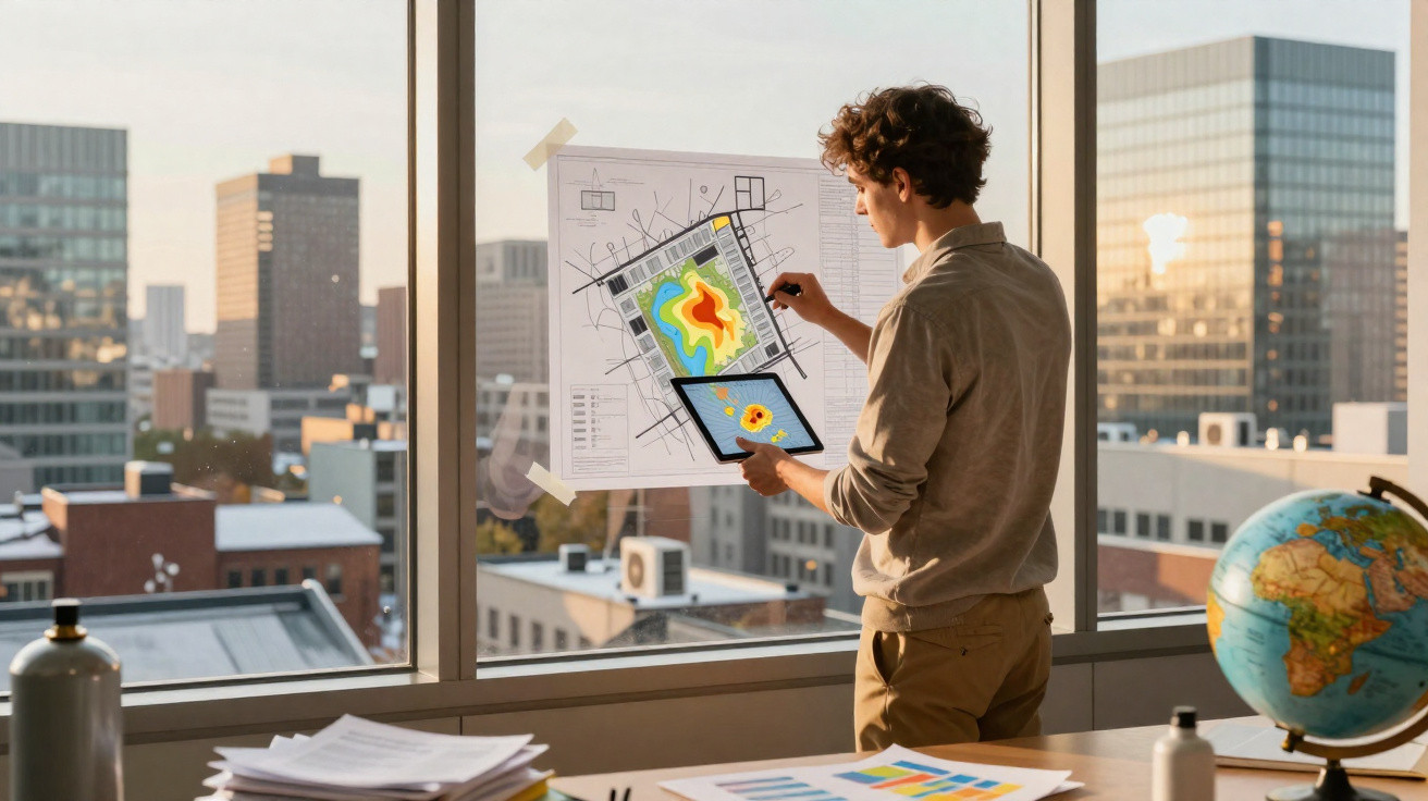 Pessoa analisando mapas térmicos de cidade em papel e tablet, em escritório com vista para prédios urbanos.