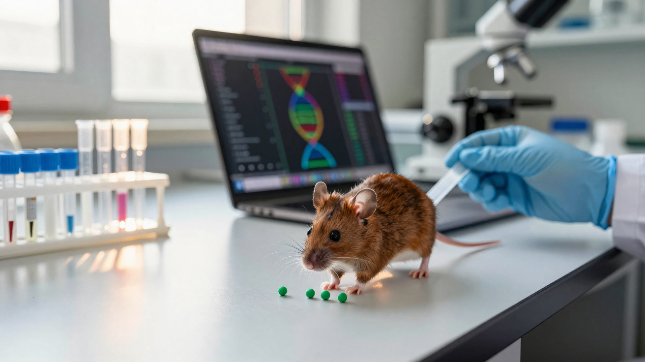 Camundongo em bancada de laboratório com tubos de ensaio, laptop exibindo DNA e mão com luva segurando pipeta.