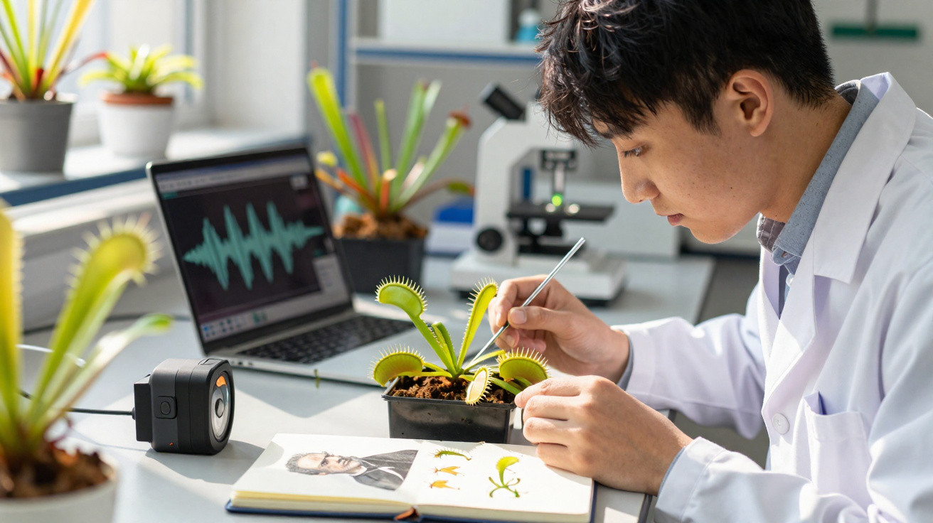 Cientista em jaleco analisa planta carnívora com ferramenta, ao lado de laptop e caderno de estudos.