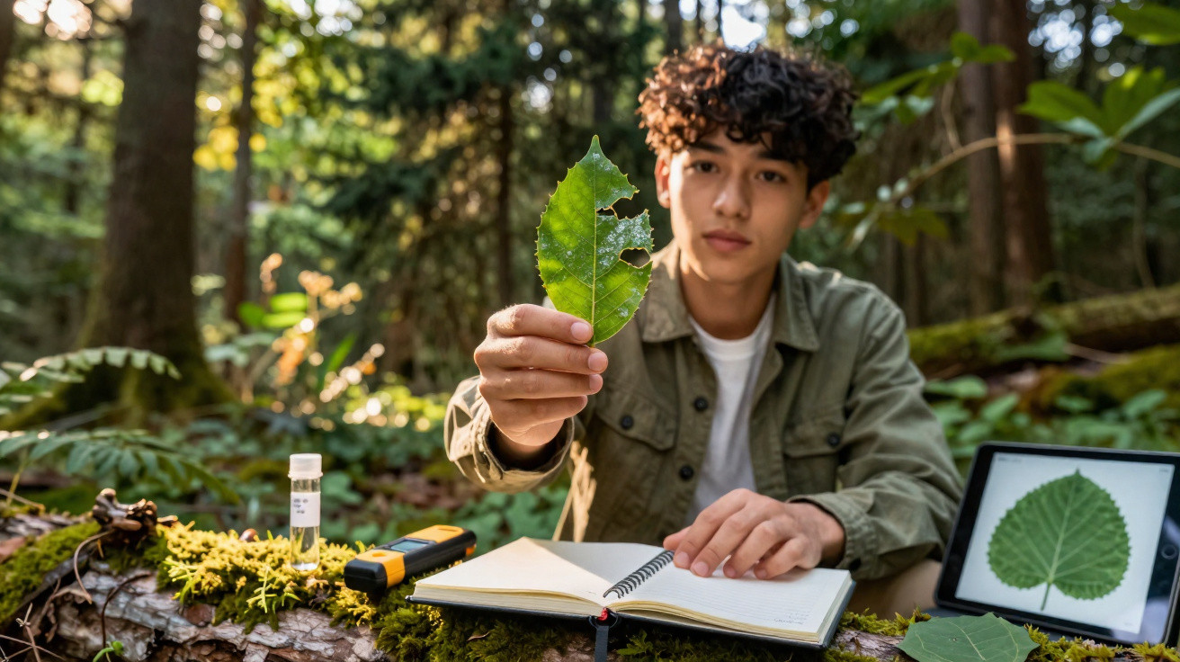 Jovem estudando folha com furos em caderno ao ar livre, com tablet mostrando imagem de folha verde.