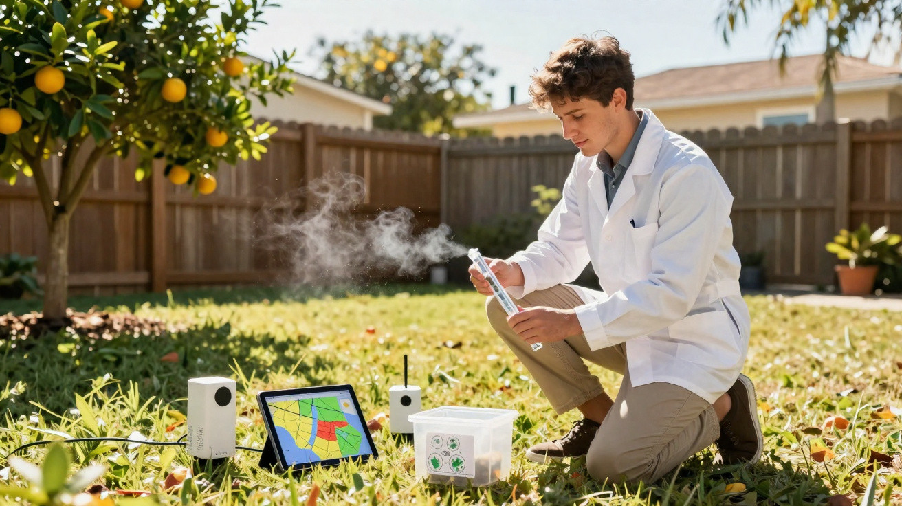 Jovem cientista com jaleco coleta dados ao ar livre em jardim com equipamentos de monitoramento ambiental.