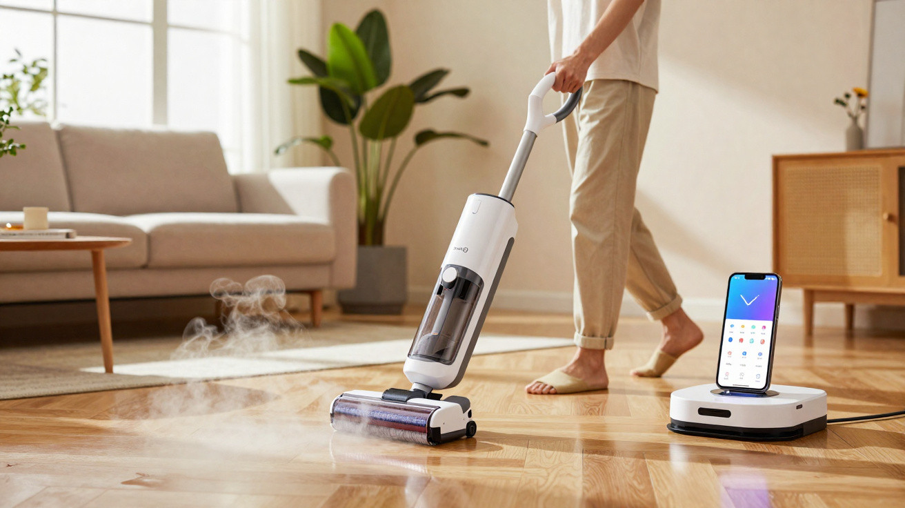 Pessoa usando aspirador a vapor em sala com sofá, planta e robô aspirador com celular ao lado.