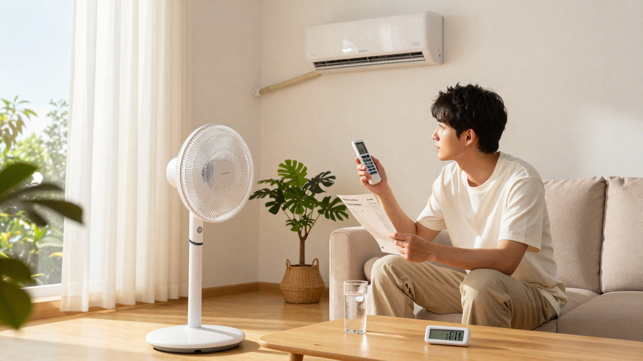 Homem sentado no sofá controla ar-condicionado com controle remoto em sala iluminada com ventilador e planta.