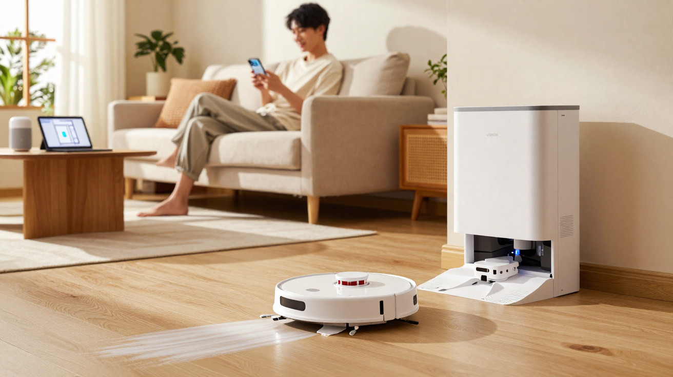 Robô aspirador branco com base de carregamento em sala com sofá e pessoa usando celular.