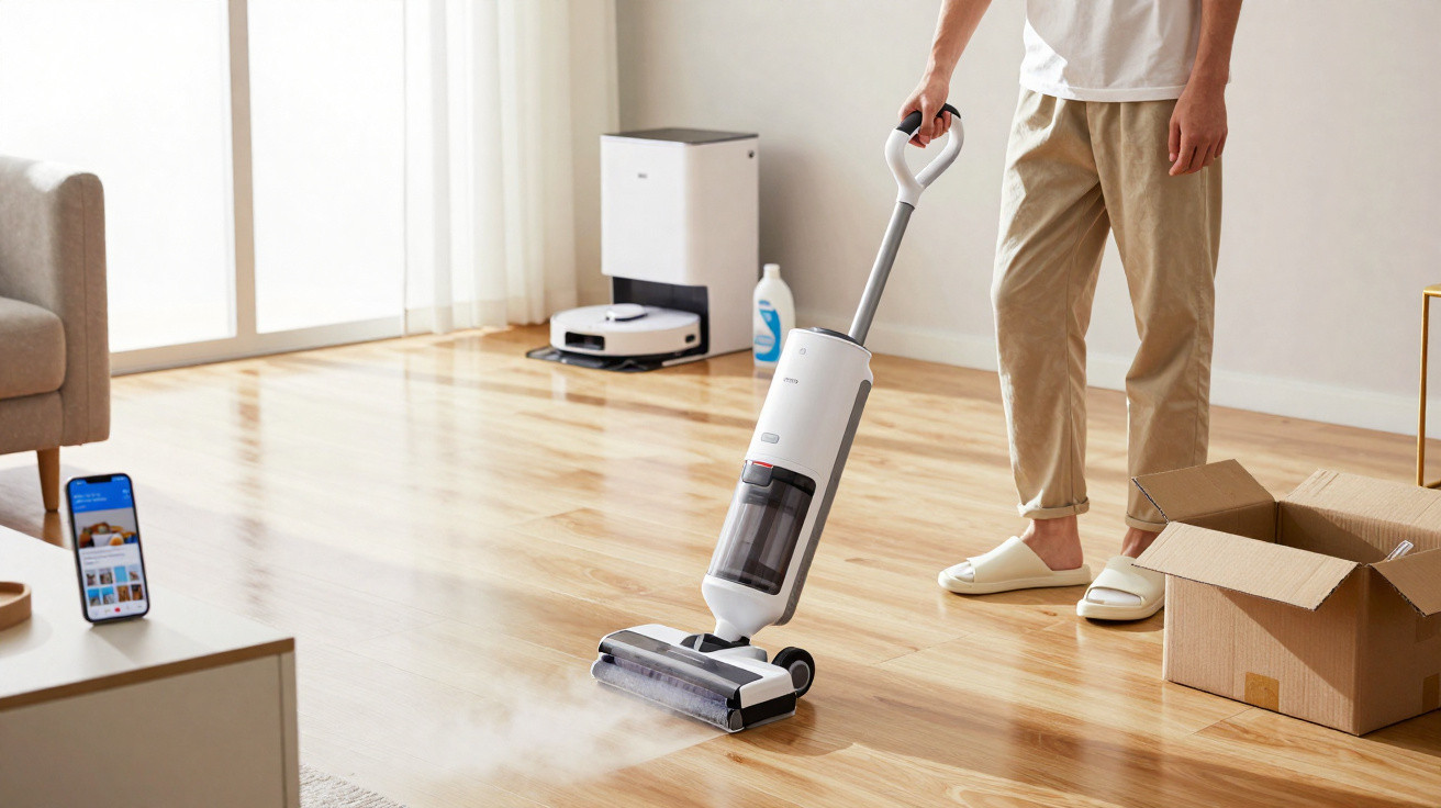 Pessoa usando aspirador a vapor para limpar chão de madeira em sala com caixa de papelão e robô aspirador.
