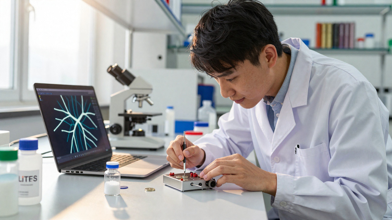 Cientista em laboratório usando jaleco branco, analisando amostras com pinça e laptop aberto ao lado.