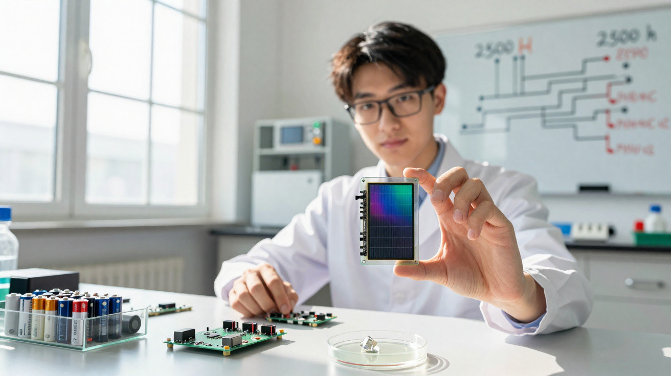 Cientista segurando componente eletrônico colorido em laboratório com placas e baterias na mesa.